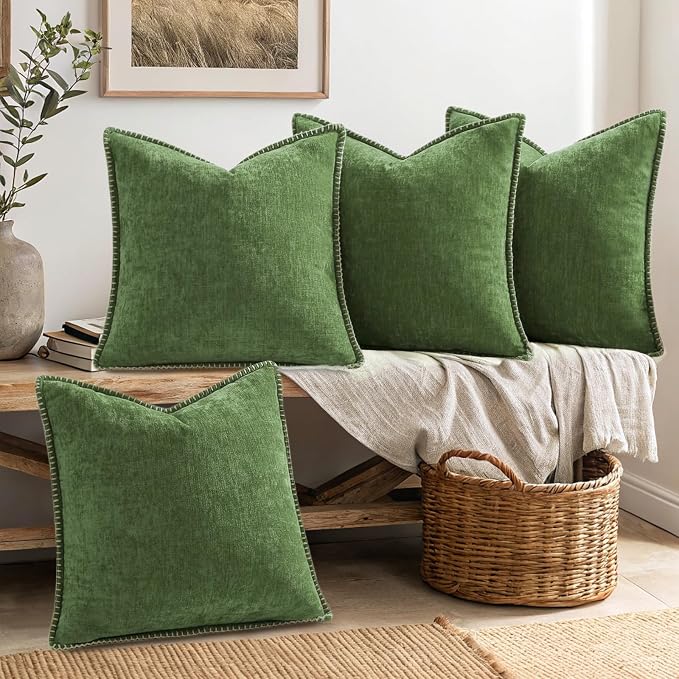 decorUhome Fall Soft Decorative Chenille Throw Pillow Covers 20x20 Set of 4 | Moss Green Cozy Decorative Modern Farmhouse Neutral Pillow Cases with Stitched Edge for Couch Sofa Bed Living Room Home Decor