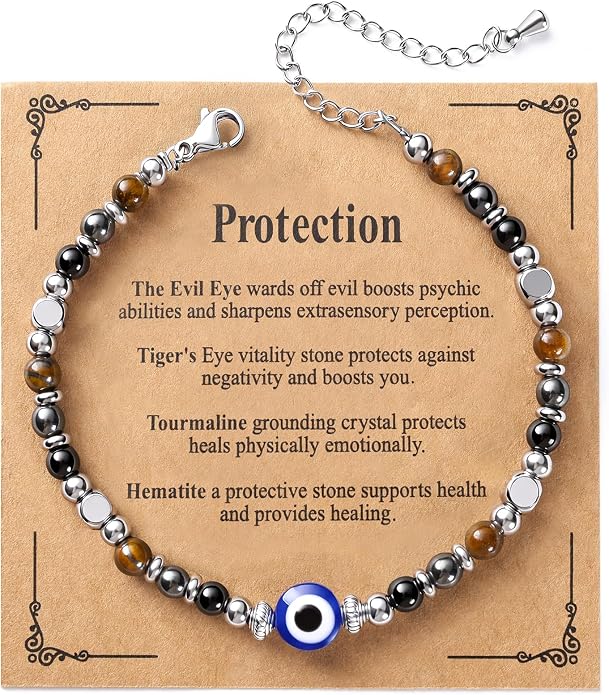 Jardme Natural Healing Crystals Bracelets for Women, Anxiety Relief Triple Protection Good Luck, Kalm Bracelet, Inspirational Spiritual Jewelry Gift for Friends Daughter Mom 6.5+2 Inches
