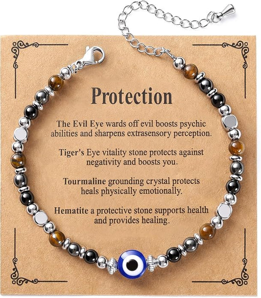 Jardme Natural Healing Crystals Bracelets for Women, Anxiety Relief Triple Protection Good Luck, Kalm Bracelet, Inspirational Spiritual Jewelry Gift for Friends Daughter Mom 6.5+2 Inches