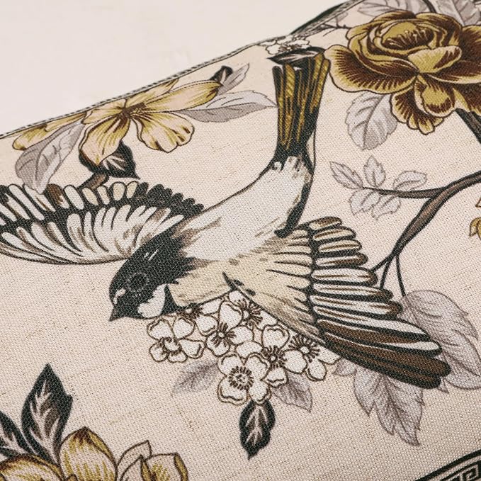ISAENNE Vintage Elegant Linen Rectangle Throw Pillow Cover,28"x12"-Murad A | Designer French Decor Pillow Cover,Concealed Zipper Design,Floral and Bird Pattern,Sofa,Bedroom,Living Room,Lounge Chairs