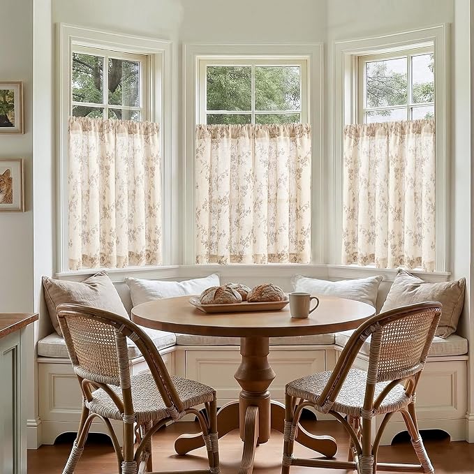 Lazzzy Elisa Floral Kitchen Curtains 36 Inch Linen Cafe Curtains Farmhouse Half Window Drapes Over Sink Light Filtering for Small Windows Rod Pocket Back Tab 2 Panels Taupe on Beige