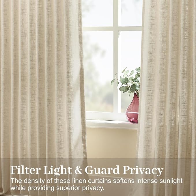 IVAPUPU Pinch Pleated Curtains 90 Inch Long 2 Panels for Living Room, Light Filtering Memory Trained Semi Sheer Linen Curtain with Rings Back Tab Drapes for Bedroom Nursery, 40W, Burlywood Birch