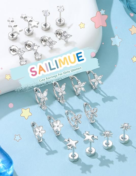 SAILIMUE Hypoallergenic Flat Back Earrings for Girls Women - Cute Toddler Kids Earrings Set Surgical Stainless Steel Earring for Sensitive Ears Small 14K Gold Plated Stud Hoop Earring Stacks