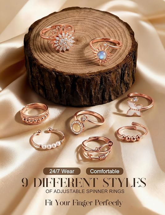 FIBO STEEL Fidget Anxiety Rings for Women - 8Pcs 14K Gold Plated Spinner Adjustable Rings Stress Relief Open Ring Stacks CZ Sun flower Butterfly Bead Evil Eye Non Tarnish Ring Set