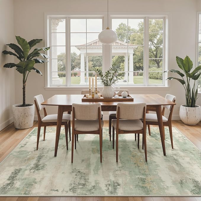 GENIMO Abstract Area Rug 8x10, Washable Large Modern Rug Non Slip, Low Pile Lightweight Soft Carpet for Living Room, Bedroom, Dining Room, Sage Cream