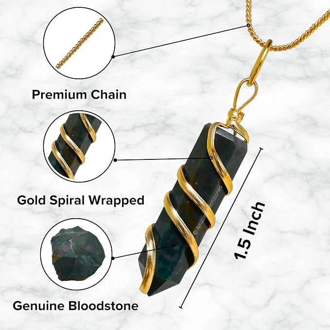 Bloodstone Crystal Necklace Pendant For Women, Gold Wire Wrapped Dainty Minimalist Healing Crystal Necklaces For Men Unisex Necklace Jewelry With 20" Inches Adjustable Chain & Leather Cord