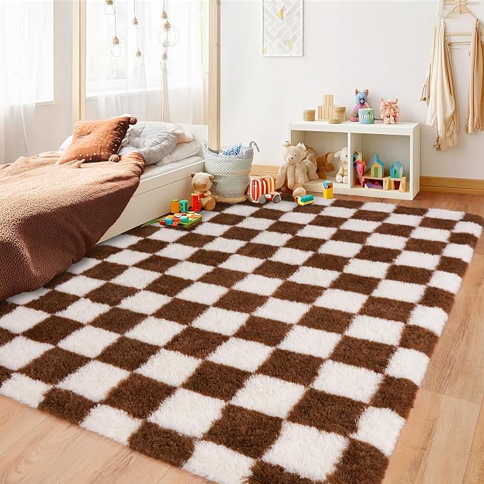Pionblank Fluffy Area Rug for Bedroom 5x7, Modern Indoor Shag Carpet, Soft Plush Non Slip Checkered Rugs for Living Room Kids Room Home Decor, Brown and Cream White