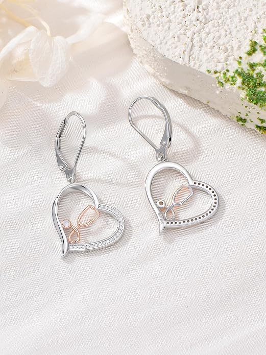 Midari Heart Dangle Earrings 925 Sterling Silver Leverback Drop Earrings Teacher Music Art Jewelry Gifts for Women Students Apple/Guitar/Palette/Note Design