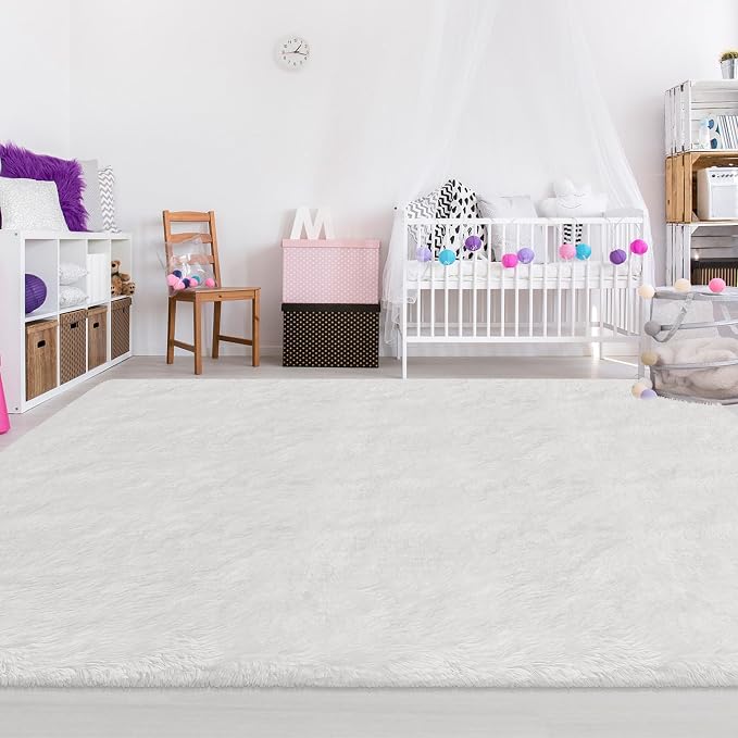 Fluffy White Area Rug for Living Room Bedroom Large Plush Area Rug 6x9 Shag Carpet for Kids Girls Boys Room, Soft White Fuzzy Rug for Nursery Playroom Dorm Bedside Home Decor Indoor