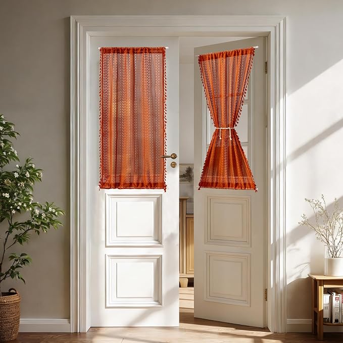 Sutuo Home Burnt Orange French Door Curtain for Glass & Sidelights, Bohemian Tassels Vintage Chic Patio Privacy Drapes for Front Door Halloween Decor, Rod Pocket 2 Panels 25" W x 40" L,Terracotta