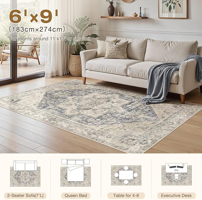 6x9 Area Rugs for Living Room - Large Carpet Ultra Thin Soft Washable Oriental Vintage Floral Distressed Big Indoor Carpets for Bedroom Nursery Dorm Home Decor Aesthetic - Blue Beige