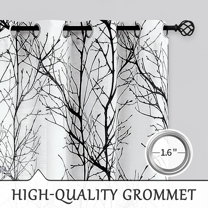 FMFUNCTEX Linen Black White Semi Sheer Print Curtains 63 Inch Long 2 Panels | Branch Sheer Patterned Drapes, Light Filtering Grommet Panels for Bedroom, Living Room, Basement, and Farmhouse Curtain