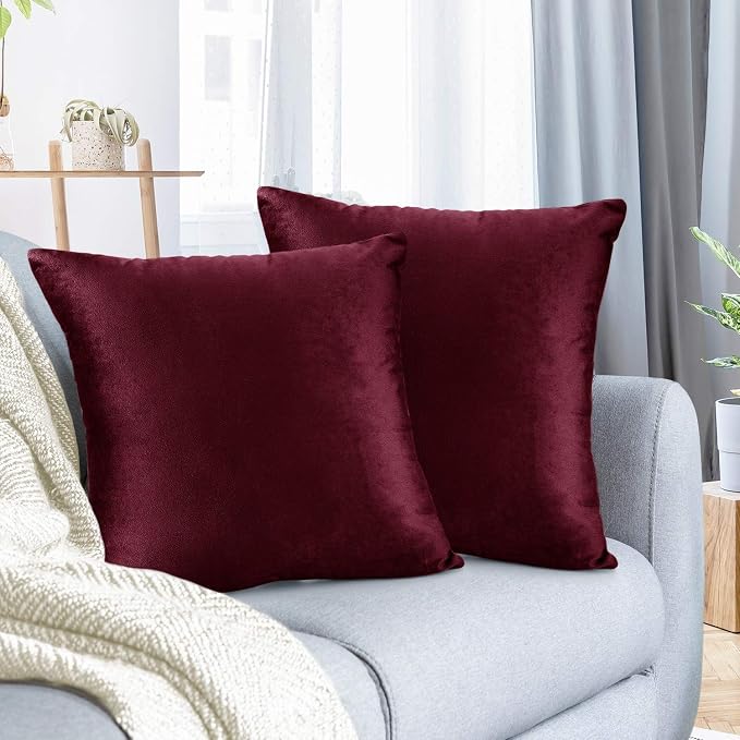 Nestl Throw Pillow Covers, Cozy Velvet Decorative Burgundy Red Pillow Covers 20 x 20 Inches, Soft Solid Couch Pillow Covers for Sofa, Bed and Car, Set of 2
