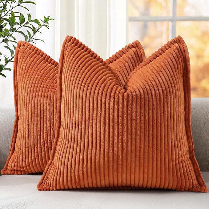 decorUhome Fall Corduroy Rust Throw Pillow Covers 22x22 Set of 2 | Euro Sham Couch Decorative Soft Modern Boho Farmhouse Pillow Covers Broadside Striped Pillow Cases for Living Room Bed Sofa