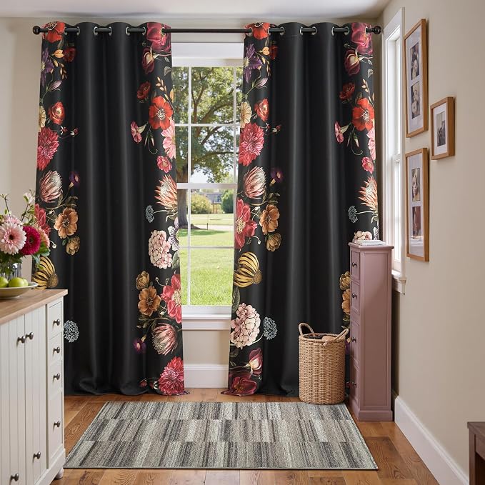jinchan Black Floral Blackout Curtains 96 Inch Vintage Grommet 2 Panels | Room darkening, privacy, vibrant flower print, retro boho bohemian drapes, bedroom, living room, fall decor, window treatment