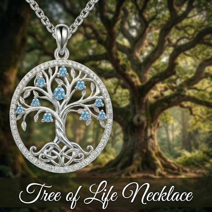 ONEFINITY Tree of Life Necklace 18k White Gold Plated Tree of Life Birthstone Pendant Necklace Birthstone Jewelry Anniversary Birthday Gifts for Women Men