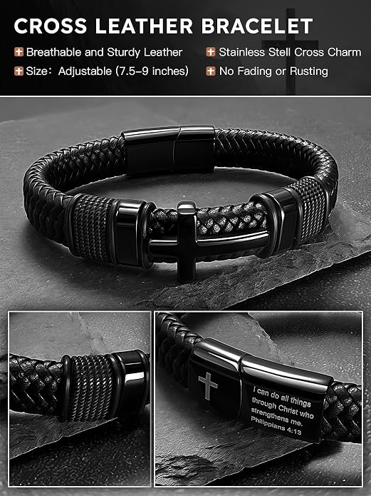 Black Cross Cuff Bracelet for Men,Stainless Steel Braided Leather Bible Verse Bracelet with Joshua 1:9 Inspirational Faith Gift for Dad,Brother,Son,family,Religious Baptism and Confirmation Gifts