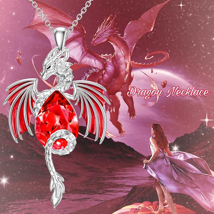 Dragon Necklace for Men Sterling Silver Birthstone Wyvern Necklace Embllished with Teardrop Shaped Crystal Jewelry for Women