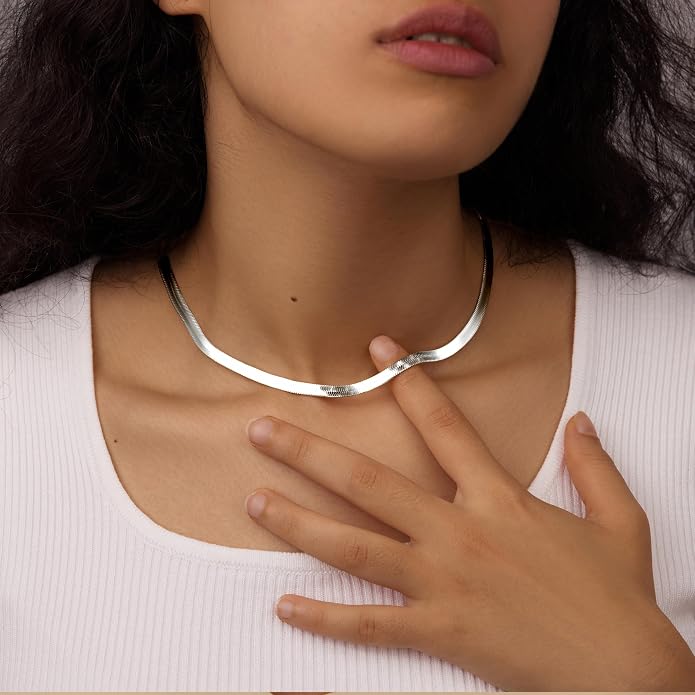 WomenGifts 14K Gold Silver Plated Herringbone Necklace for Women, Dainty Snake Chain Choker, Trendy Simple Long Layered Jewelry Non Tarnish, 3/4/5/8mm,14,16,18,20,22,24,26 Inch Thin & Chunky Options