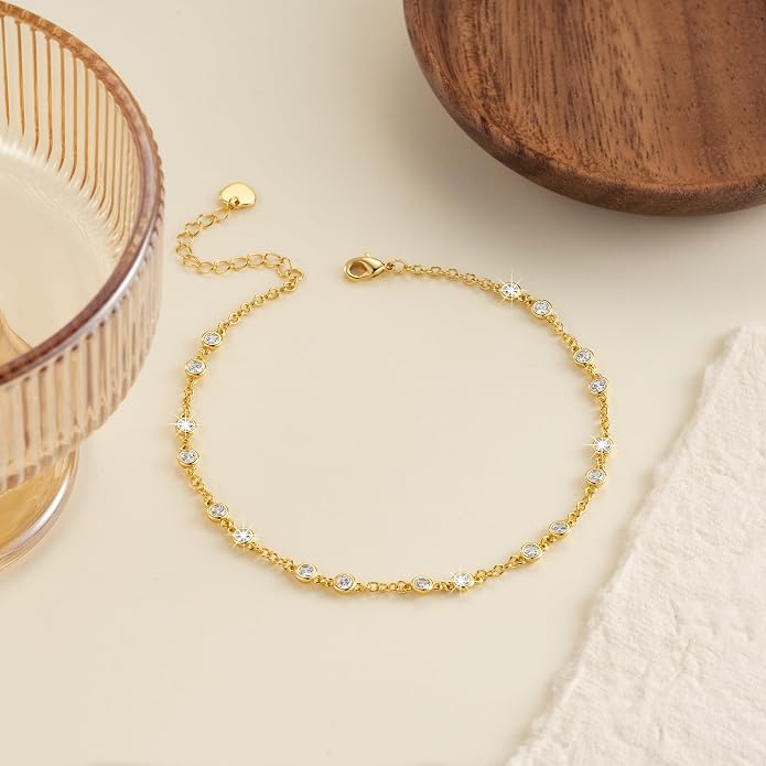 14K Gold Anklets for Women Gold Ankle Bracelets for Womens Anklets Ankle Bracelets for Women Evenly Spaced Cubic Zirconia with Delicate Brilliance Anklet Bracelet for Womens