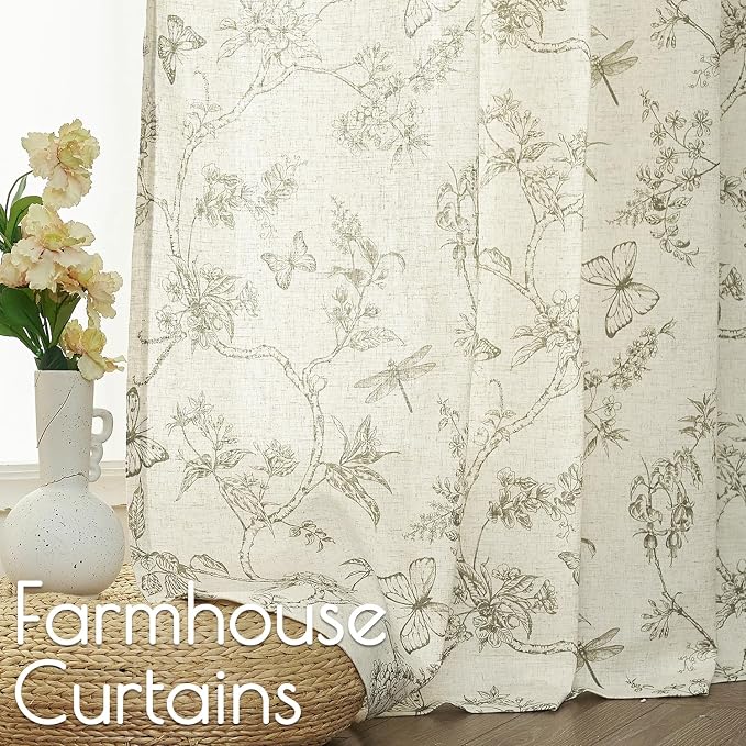 Lazzzy Charlotte Linen Farmhouse Curtains Green Floral Curtains 63 Inch Length Back Tab Drapes for Living Room Bedroom Light Filtering Country Vintage Rod Pocket Curtain, 2 Panels, Green on Beige