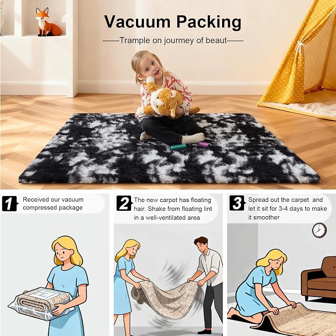 5x7 Black and White Rugs for Living Room, Large Fluffy Area Rugs for Bedroom, Fuzzy Shag Soft Non-Slip Carpet for Kids Girls and Boys Nursery Dorm Indoor Room Home Decor (5ft X 7ft)