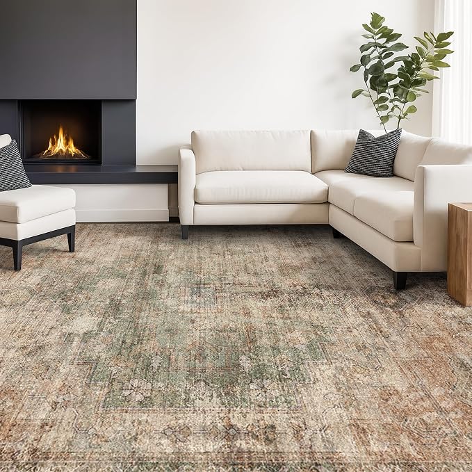 Low Pile Office Rugs for Rolling Chairs - 5x8 Modern Abstract Dark Rugs for Living Room, Large Entryway, Brown and Green with Burnt Orange Accent, Non Slip with Rubber Backed & Stain Resistant