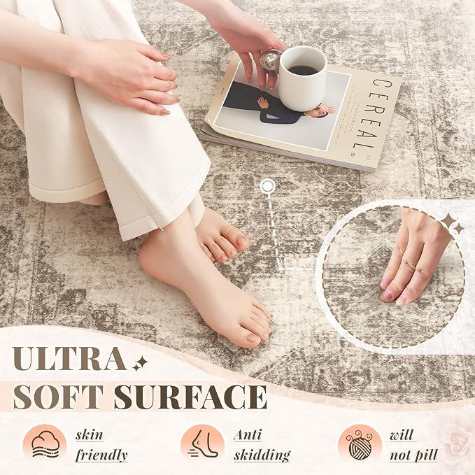 Area Rug 5x7 Vintage Rugs: Washable Indoor Medallion Rug Low Pile Distressed Floor Carpet Retro Accent Rugs for Living Room Bedroom Kitchen Dining Table Home Office(Taupe, 5'x7')