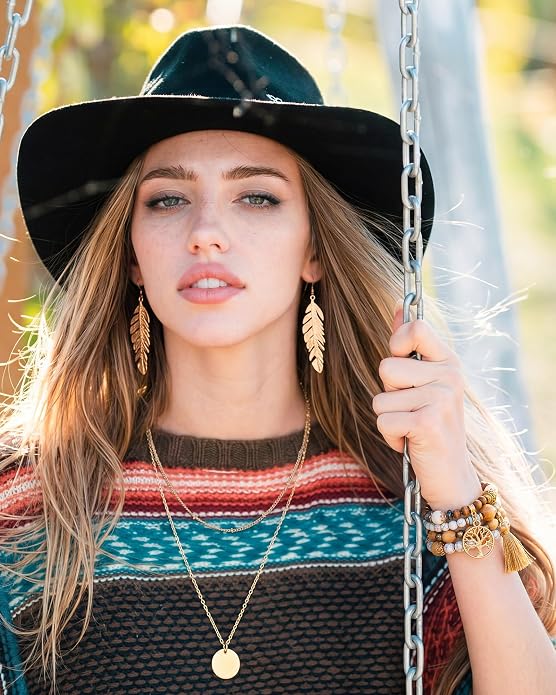 Tondiamo 12Pcs Boho Jewelry Set for Women Bohemian Western Jewelry Set with Long Pendant Necklace Dangle Earrings and Stackable Bangle Bracelets Accessories for Women Friendship Gift