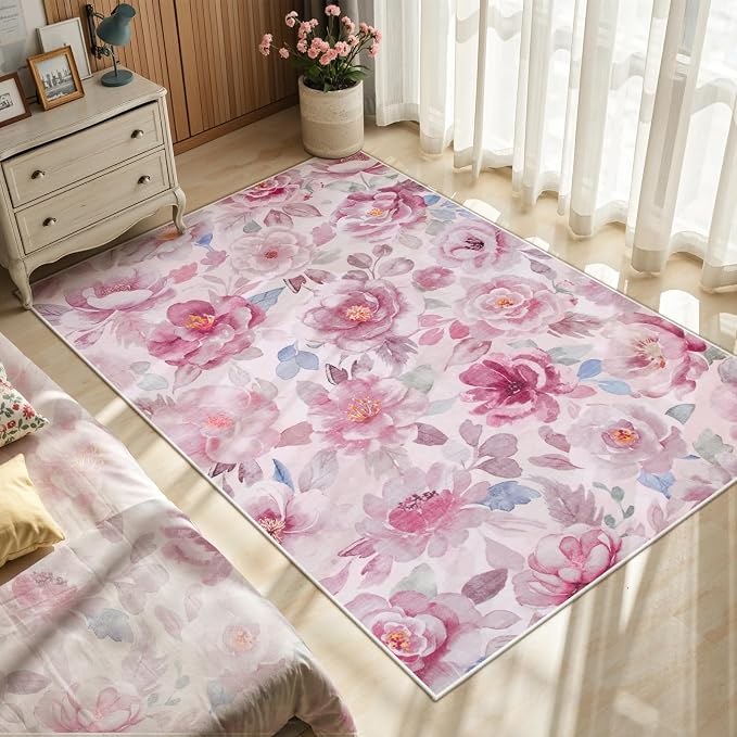 Lahome Floral 3x5 Area Rug for Bedroom, Non-Slip Entry Way Rugs Indoor Ulta-Thin Washable Stain Resistant Boho Throw Rugs for Bathroom Bedroom Vanity（3x5,Pink