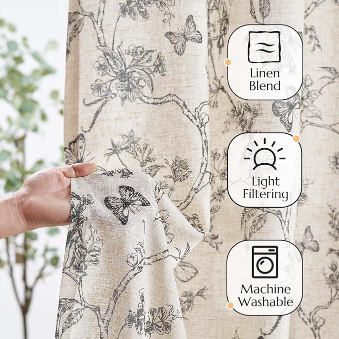 jinchan Black Floral Linen Curtains Lined 96 Inch Vintage Back Tab 2 Panels | Privacy lining, light filtering drapes, cottagecore, french country, farmhouse, bedroom, living room, window treatment