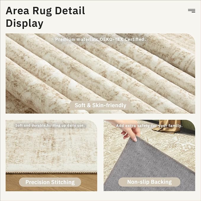 Soalmost 5x7 Area Rugs Beige Low Pile Indoor Washable Trendy Faded Style Floral Rugs for Bedroom Living Room Dining Room Foldable Non-Slip Thin Print Mat