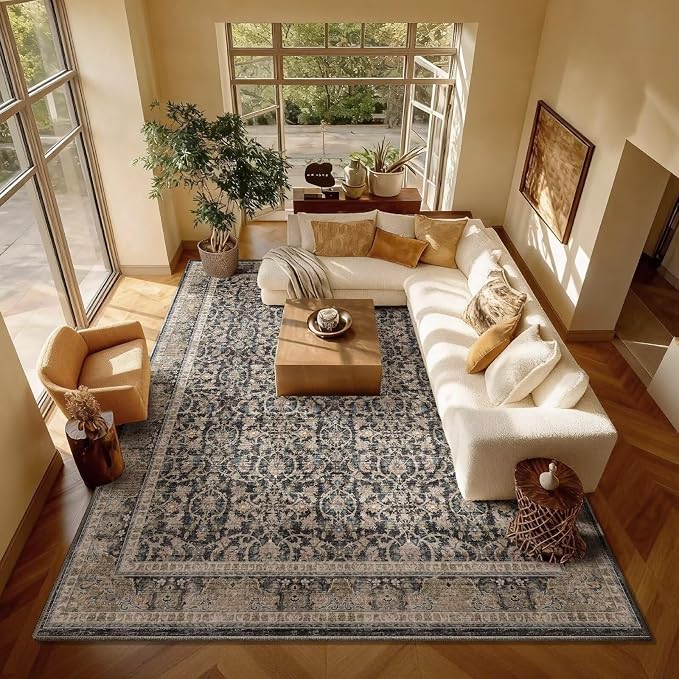 Boho Washable 8x10 Area Rugs for Living Room, Cushioned, Black/Navy Blue | Vintage Non-slip Neutral Oriental Rugs for Bedroom Dining Room Nursery Office High Traffic Area