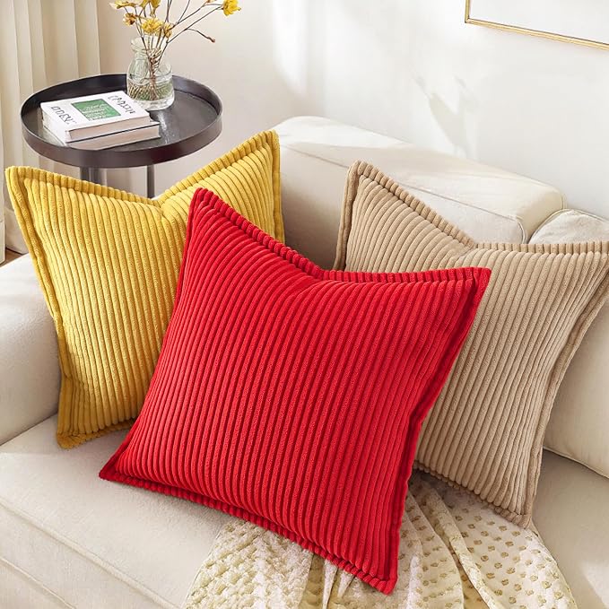 decorUhome Fall Corduroy Red Throw Pillow Covers 18x18 Set of 2 | Couch Decorative Soft Modern Boho Farmhouse Pillow Covers Broadside Striped Pillow Cases for Living Room Bed Sofa