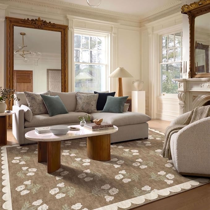 8x10 Area Rug for Living Room - Soft Washable Boho Bedroom Rug Non Slip Stain Resistant Tan Cottage Neutral Farmhouse Floral Scalloped Rugs for Bedroom Nursery Dining Room Rugs Under Table