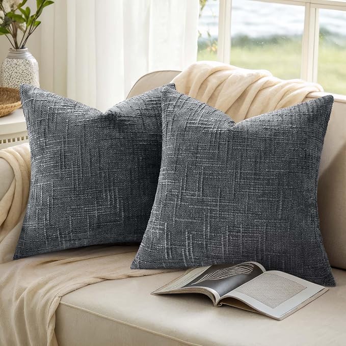 decorUhome Textured Chenille Throw Pillow Covers 26x26 Set of 2 Dark Grey | Fall Modern Farmhouse Soft Cozy Slubby Couch Pillow Cases Boho Decorative Pillow Cases for Bed Sofa Living Room Home Decor