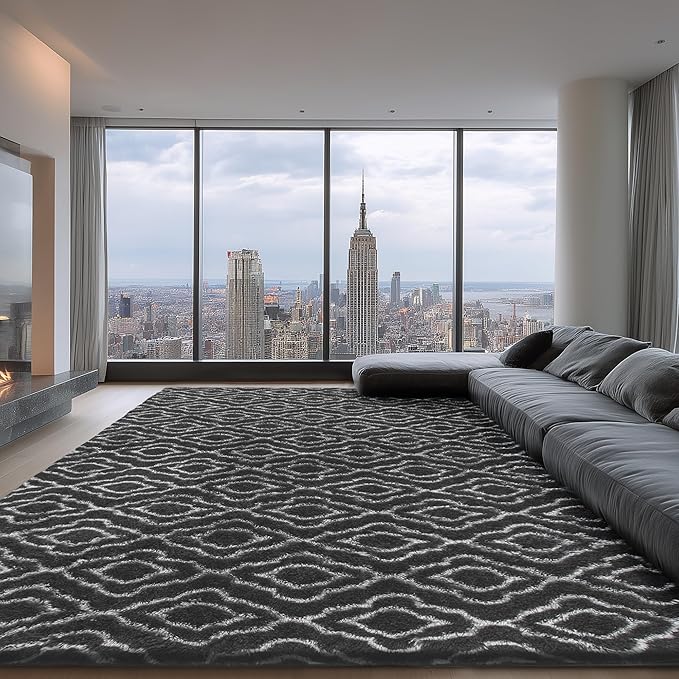Fluffy Rug for Living Room, Soft Modern 8x10 Grey and White Shag Area Rugs | Non Slip Grey Carpet for Bedroom, Home Decor Aesthetic, Washable Large Fuzzy Plush Floor Mat for Nursery Teen Dorm