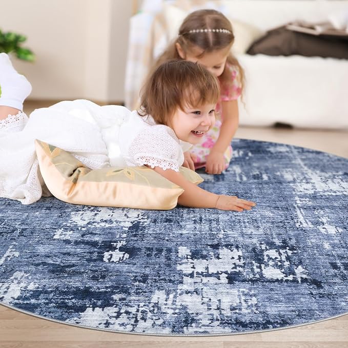 DMOYEST 6ft Round Area Rug Living Room Rugs - 6x6 Washable Large Soft Indoor Neutral Modern Abstract Low Pile Rug Carpet for Bedroom Dining Room Farmhouse Home Office - Navy Blue