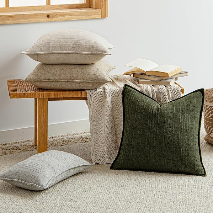 a moment Linen Pillow Covers Set of 2,Boho Farmhouse Throw Pillowcases Neutral Textured Decorative Covers for Couch Sofa,Linen Blend Accent Case Cushion Living Room Home Decor 26"x26"Dark Green