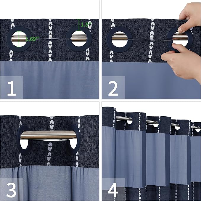 eachope No Hook Boho Farmhouse Shower Curtain with Snap-in Liner Set,Linen Rustic Heavy Duty Striped Fabric Shower Curtain with Tassel,Hotel Style Cloth Shower Curtains for Bathroom,Navy Blue,71x74