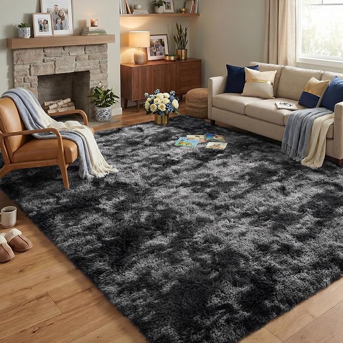 Fluffy Rugs for Living Room: Tie-dye Dark Grey Soft Shag Rug for Bedroom, Large Fuzzy Plush Indoor Floor Carpet Non Slip Modern Rug for Nursery Boys Girls Kids Room Dorms Home Decor, 7x10 Feet