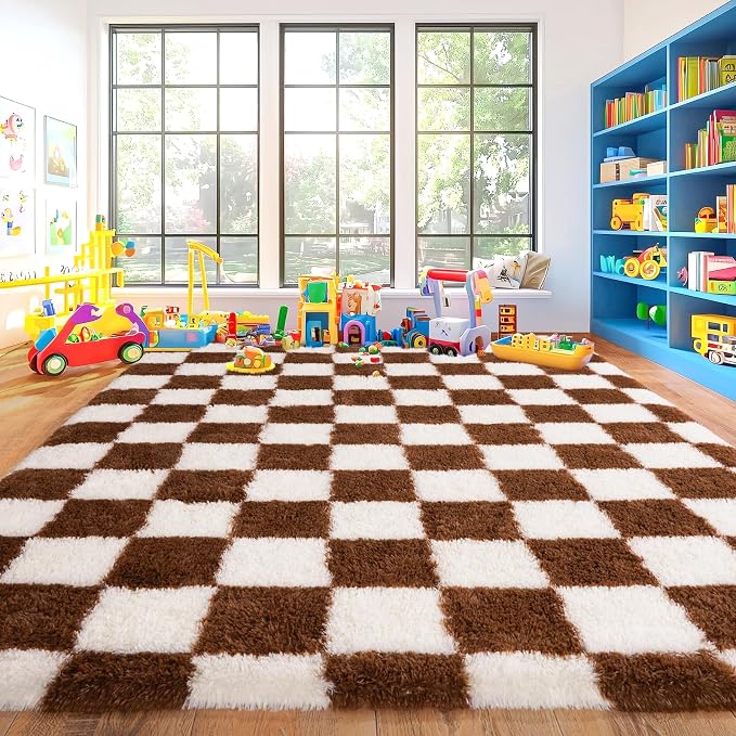 Pionblank Checkered Rug for Living Room, Modern Soft Shag 6x9 Area Rugs, Plush Fuzzy Carpet for Bedroom Girls Boys Room Home Nursery Teens Dorm Decor, Brown and Cream White