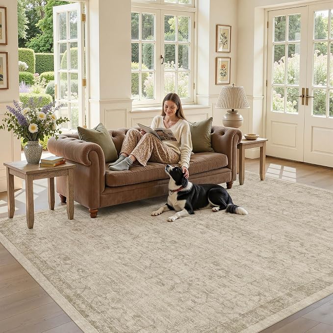 Nakagishi 5X7 Area Rugs Living Room: Washable Large Vintage Rug Neutral Non-Slip Soft Stain Resistant Indoor Carpet for Bedroom Nursery Dining Room Office Playroom - Vintage Brown