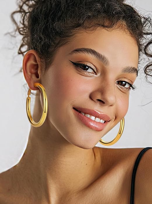 Stainless Steel Chunky Hoop Earrings For Women, Minimalist and Chic, Black/Gold Plated, Round Hoops Earrings Hypoallergenic, Size: 30mm/40mm/60mm/80mm, Come with Box
