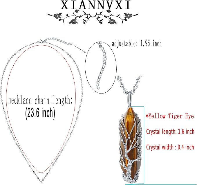XIANNVXI Tree of Life Wire Wrapped Crystal Point Pendant Necklace Reiki Healing Crystal Tiger Eye Stone Necklaces Natural Hexagonal Gemstone Quartz Jewelry for Women