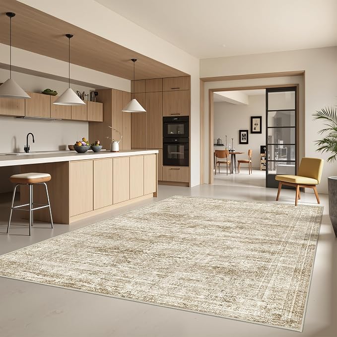 5x7 Area Rugs for Living Room,Large Washable Rug,Brown | Rugs for Bedroom,Dining Room,Office,Low Pile,Soft, Neutral Rug,Stain Resistant Indoor Carpet,Non Slip,Home Decor