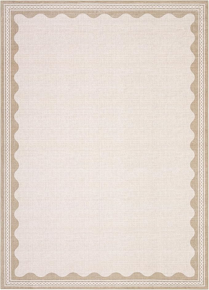 GarveeHome Scalloped Beige 8x10 Rug for Living Room Washable Non-Slip Solid Modern Minimalism Low-Pile Carpet 8 x 10 Rug for Bedroom Dining Nursery Mat with Rubber Back
