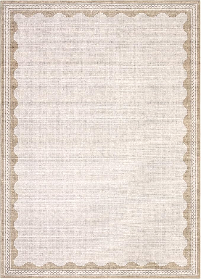GarveeHome Scalloped 3x5 Rug Washable Non-Slip Low-Pile Indoor Rugs for Entryway Solid Beige Modern Carpet for Kitchen Bedroom Living Room Bathroom Indoor Mat