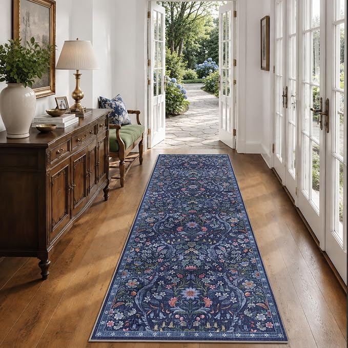 2x6 Washable Runner Rug,Blue Floral Long Rugs for Hallway, Soft Low-Pile Non-Slip Stain Resistant Carpet for Kitchen,Bedside,Laundry Room,Entryway