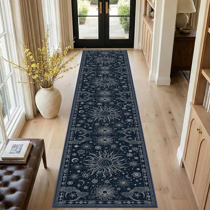 Vacuum-Friendly, 2x10 Washable Area Rug, Blue Gray White | Sun and Moon Boho Gothic Non-Slip Low Pile Living Roon Bedroom Dining Room Kitchen Entry Entryway Entrance Hallway Doormat